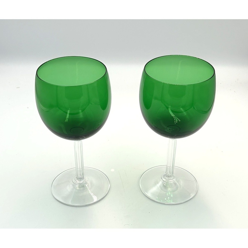 Fostoria Glasses Emerald Green Clear Ribbed Stem Water Wine Goblets Set of 2